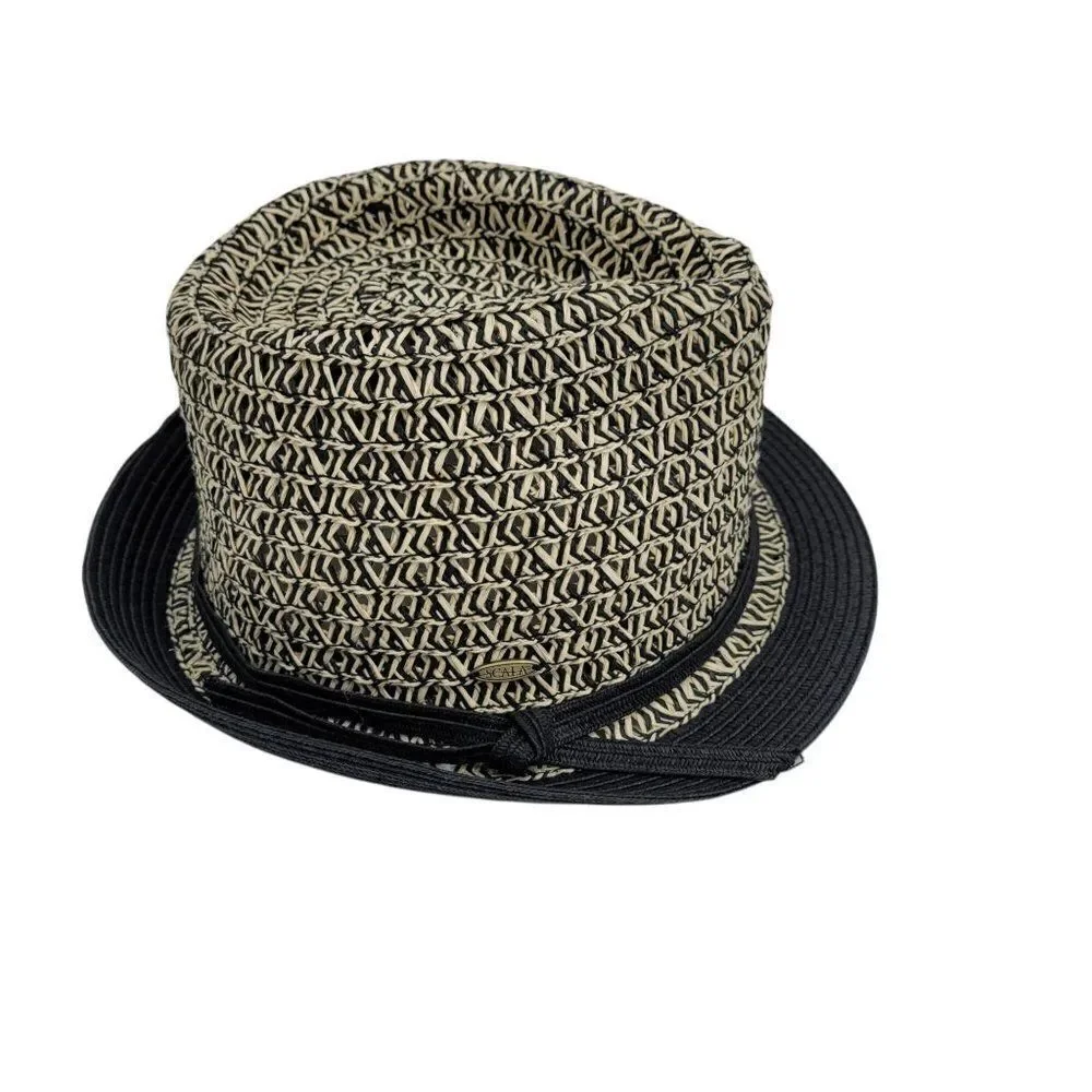 Scala Pronto Retro 60's Trilby Paper Braided Narrow Brim Fedora‎ Hat Black Tan